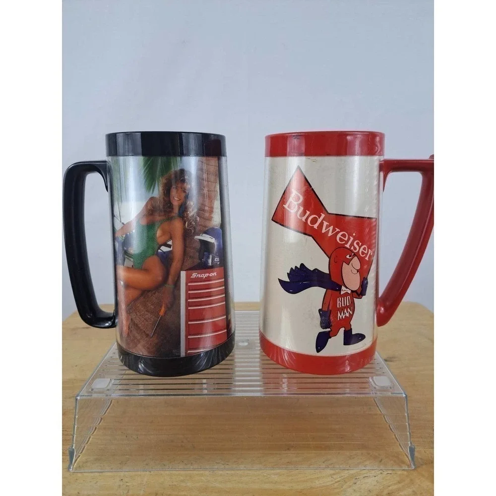 Set of Vintage Thermo-Serv Snap-On Pin-up & Bud Man Budweiser beer mug cups